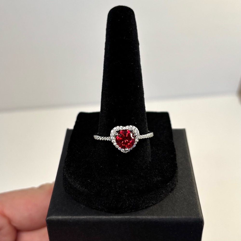 Sterling silver fire red moissanite heart ring
